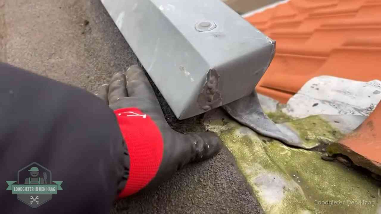 Controle van een zinken hemelwaterafvoer met loodslab bij dakpannen in Den Haag